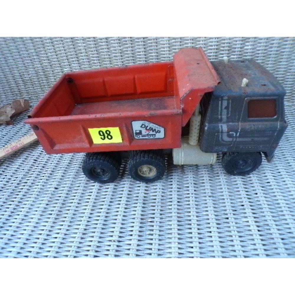 Vintage Pressed Steel International Dump Truck Toy Red Orange Gray‎ 98 Dumpster